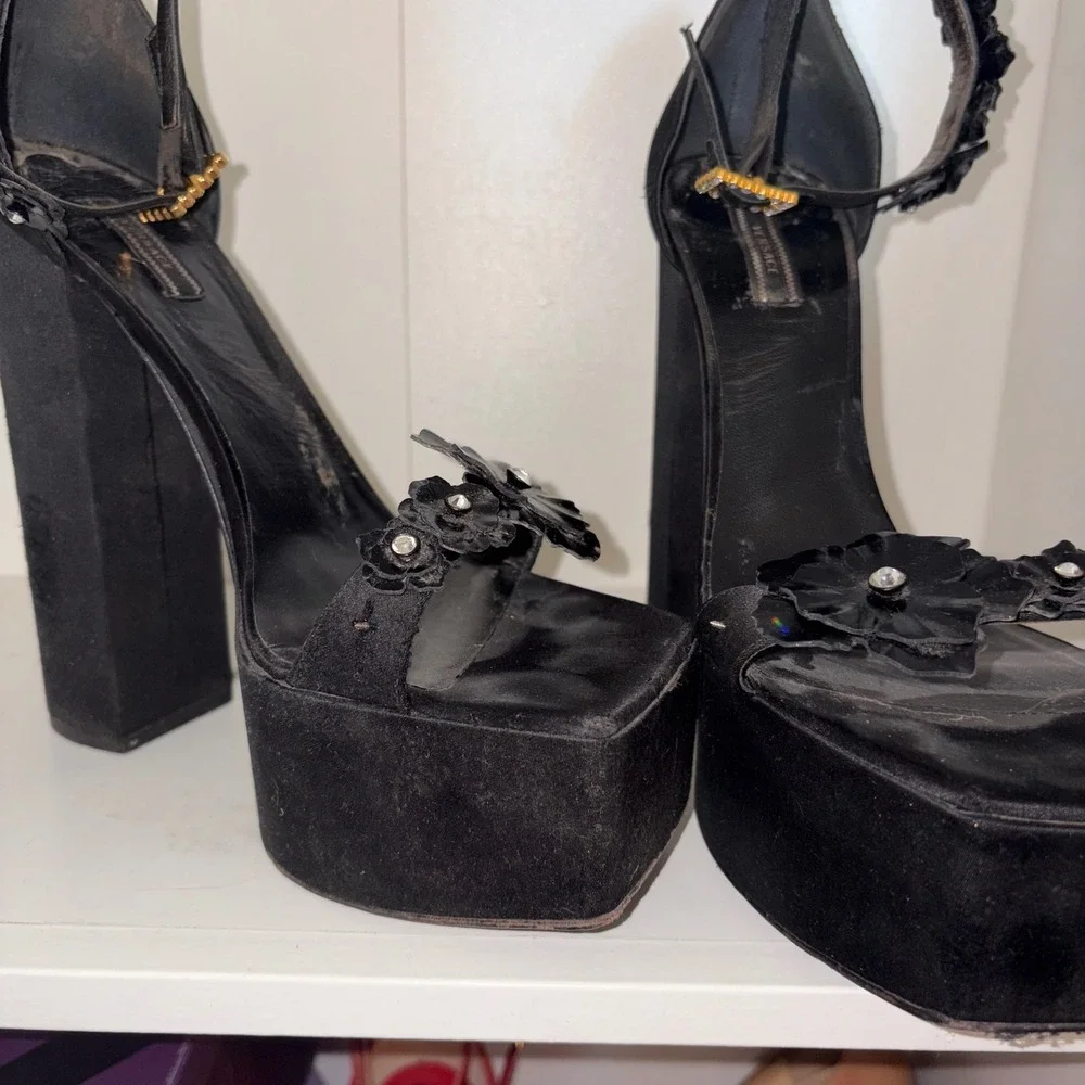Versace Black Satin Floral Crystal Platform Sandals Medusa Block Heel Size 40